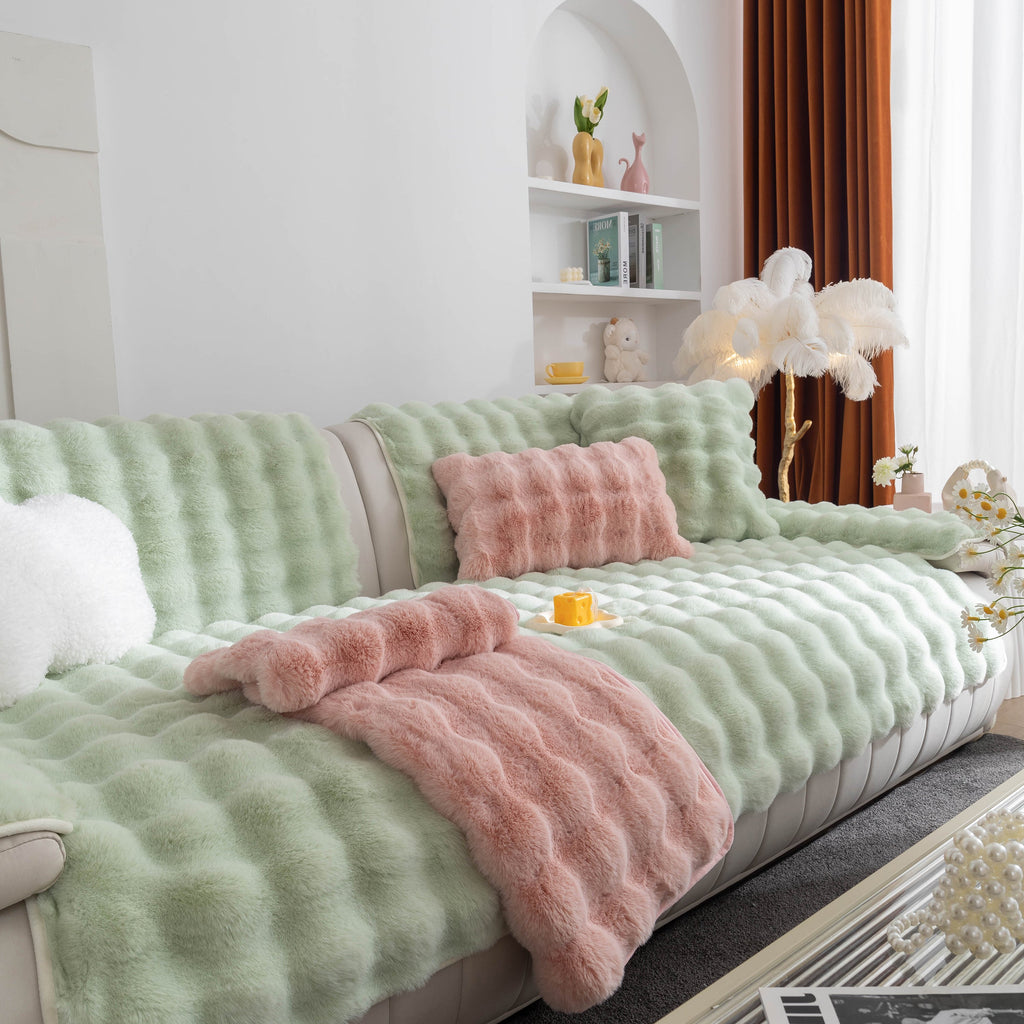 Thick Sofa Seat Pad Solid Color Faux Fur Fluffy Sofa Cushion Non-Slip Couch Covers