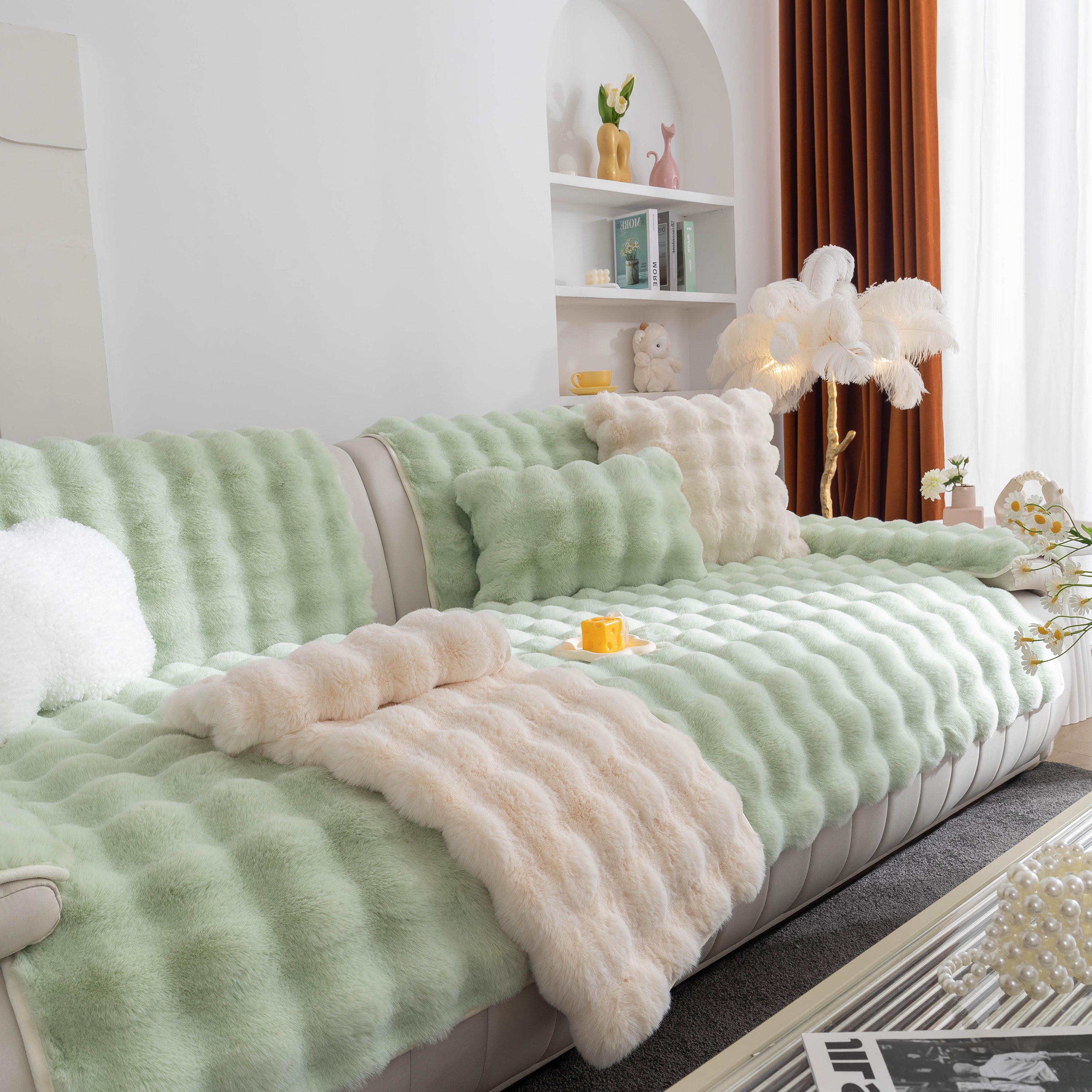 Thick Sofa Seat Pad Solid Color Faux Fur Fluffy Sofa Cushion Non-Slip Couch Covers