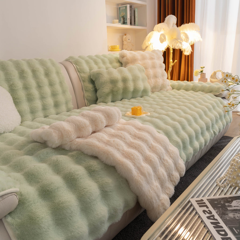 Thick Sofa Seat Pad Solid Color Faux Fur Fluffy Sofa Cushion Non-Slip Couch Covers