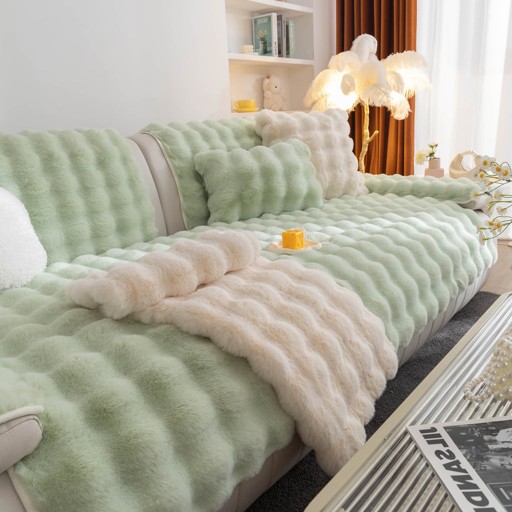 Thick Sofa Seat Pad Solid Color Faux Fur Fluffy Sofa Cushion Non-Slip Couch Covers