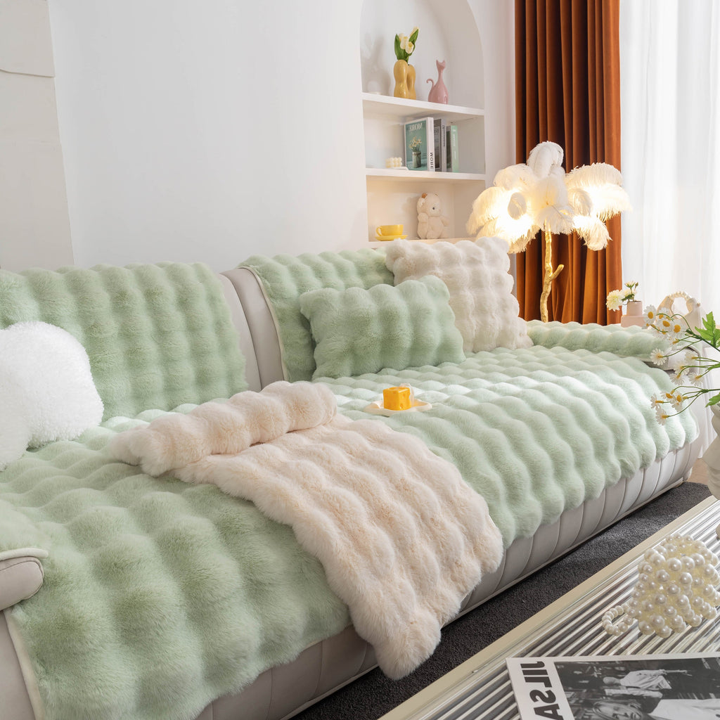 Thick Sofa Seat Pad Solid Color Faux Fur Fluffy Sofa Cushion Non-Slip Couch Covers