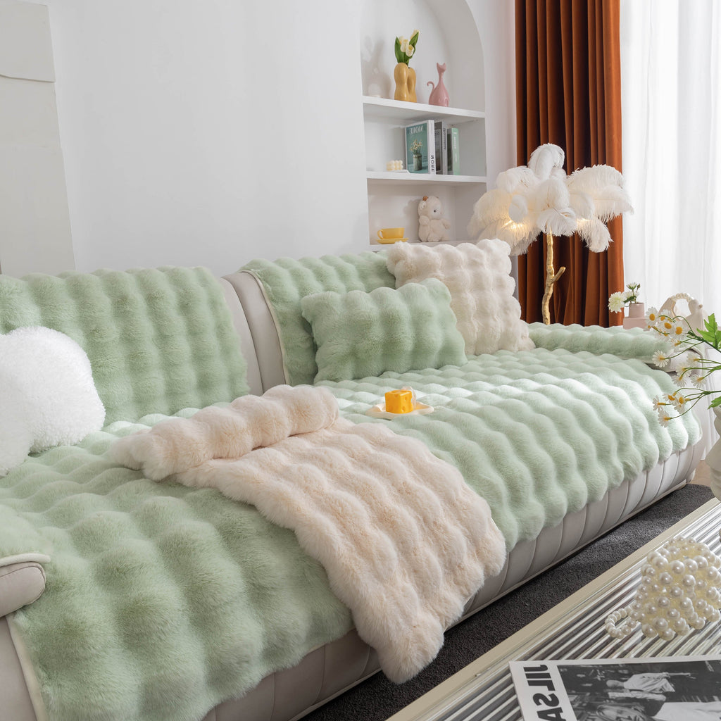 Thick Sofa Seat Pad Solid Color Faux Fur Fluffy Sofa Cushion Non-Slip Couch Covers