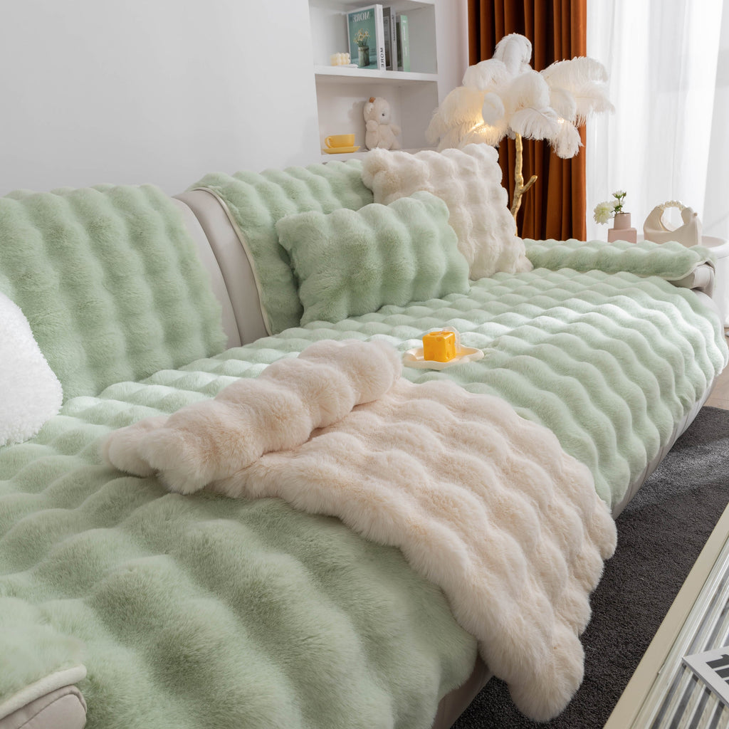 Thick Sofa Seat Pad Solid Color Faux Fur Fluffy Sofa Cushion Non-Slip Couch Covers