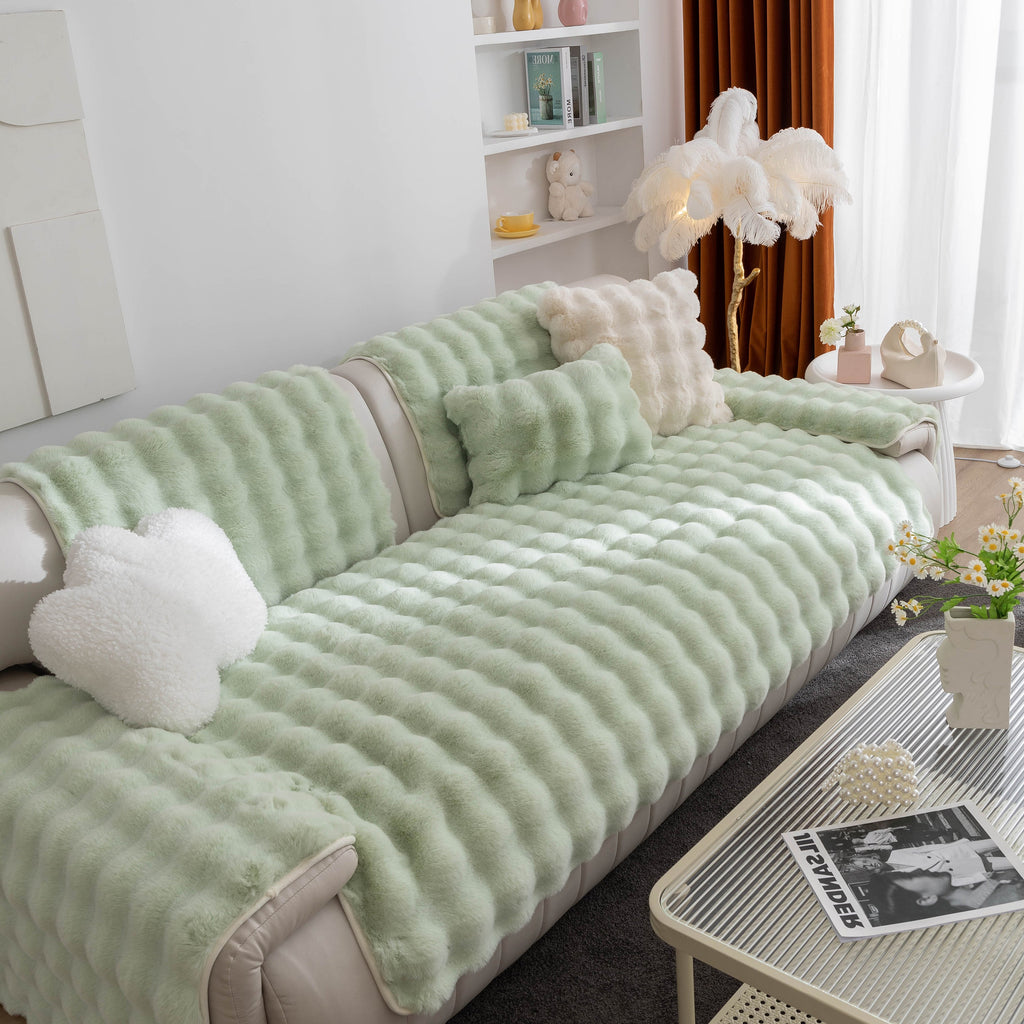 Thick Sofa Seat Pad Solid Color Faux Fur Fluffy Sofa Cushion Non-Slip Couch Covers