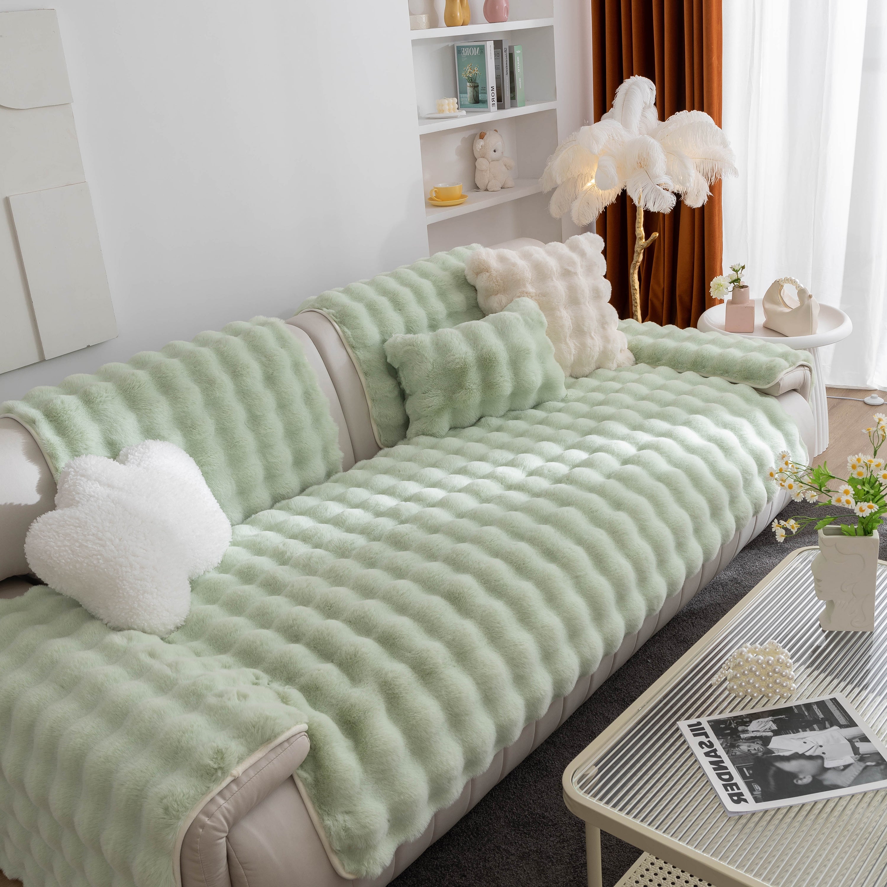 Thick Sofa Seat Pad Solid Color Faux Fur Fluffy Sofa Cushion Non-Slip Couch Covers