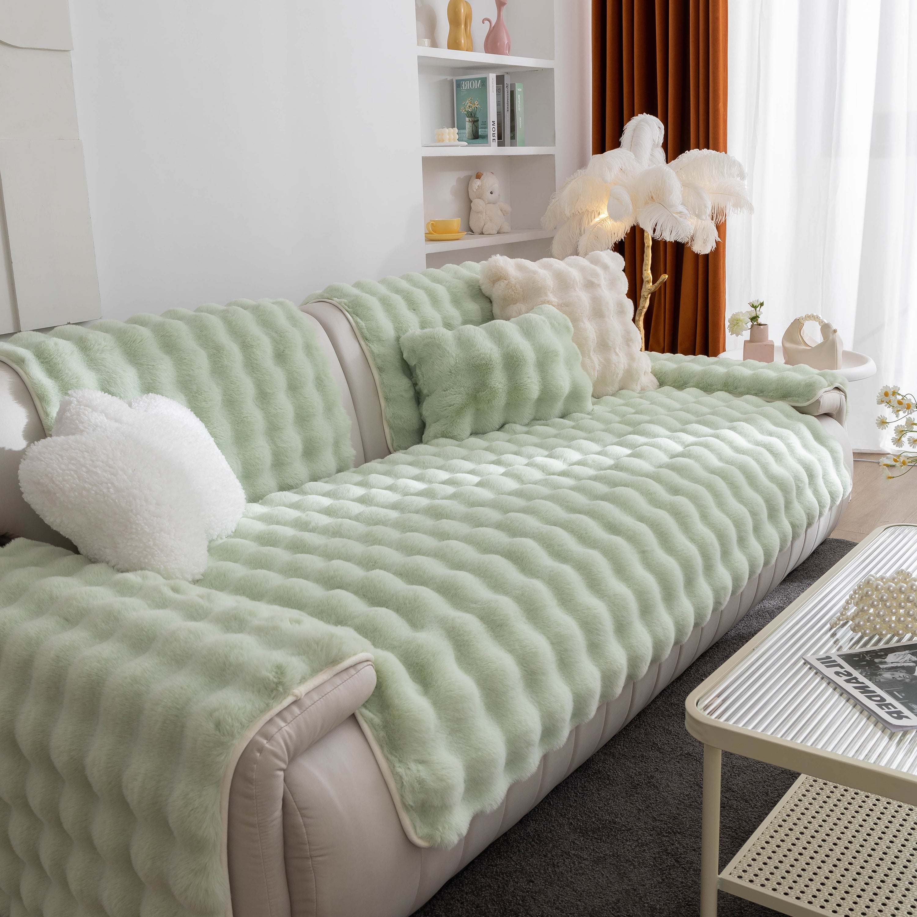 Thick Sofa Seat Pad Solid Color Faux Fur Fluffy Sofa Cushion Non-Slip Couch Covers