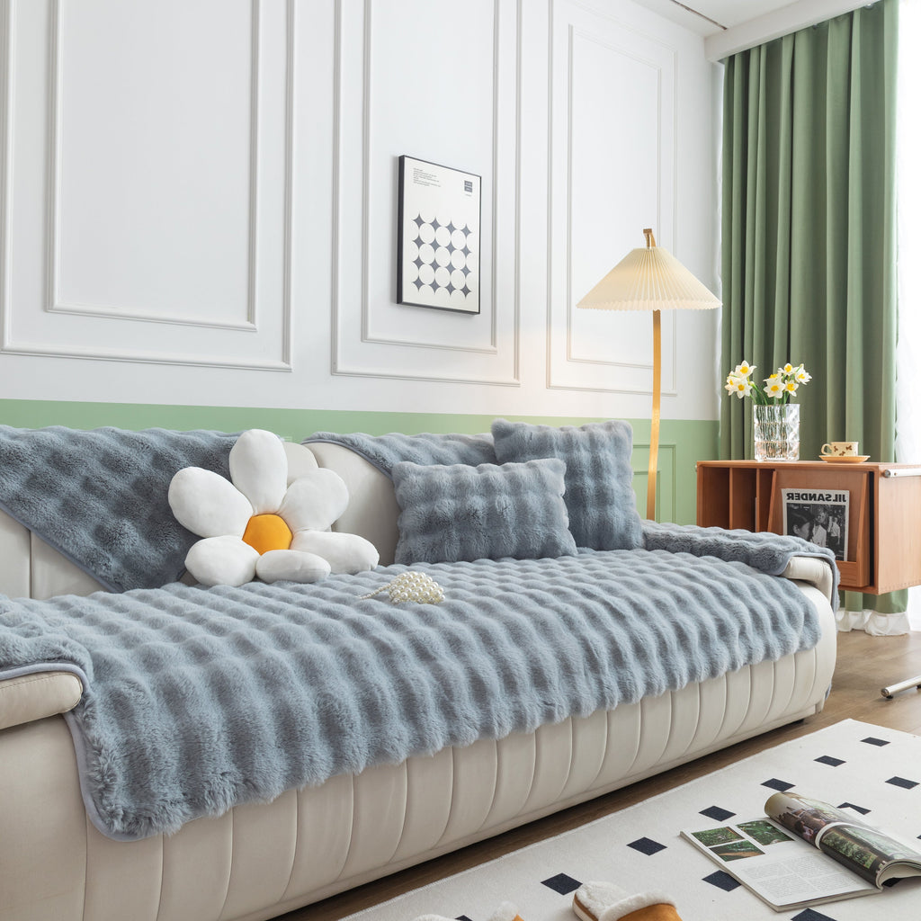 Thick Sofa Seat Pad Solid Color Faux Fur Fluffy Sofa Cushion Non-Slip Couch Covers