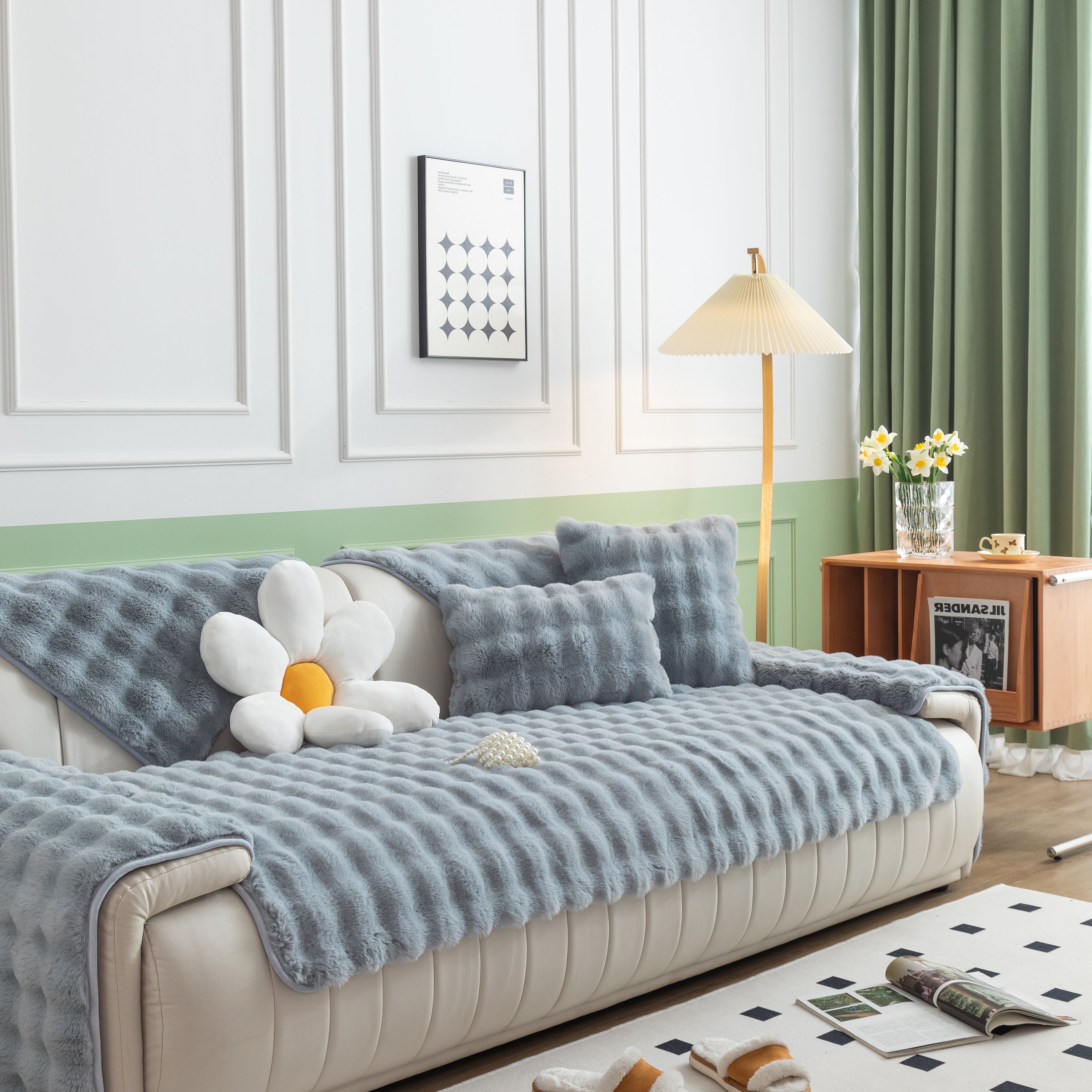 Thick Sofa Seat Pad Solid Color Faux Fur Fluffy Sofa Cushion Non-Slip Couch Covers