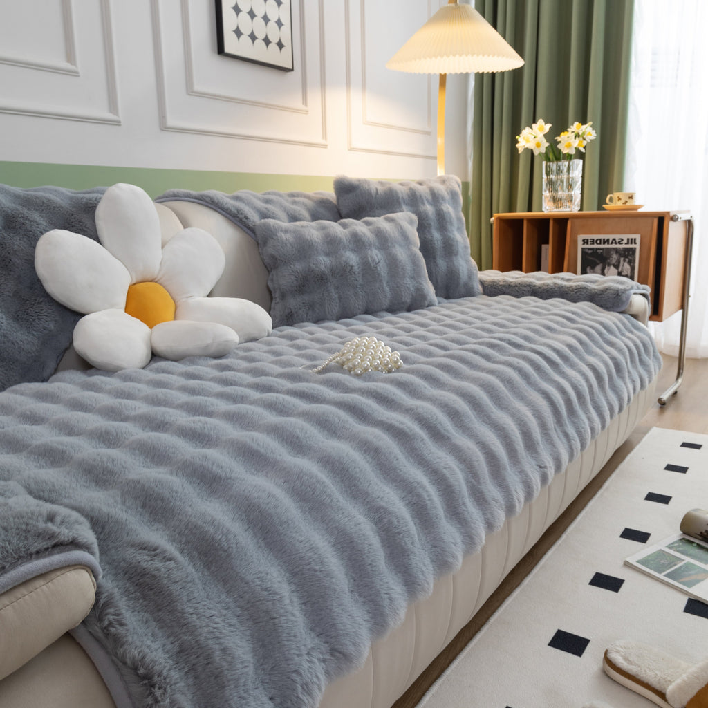 Thick Sofa Seat Pad Solid Color Faux Fur Fluffy Sofa Cushion Non-Slip Couch Covers