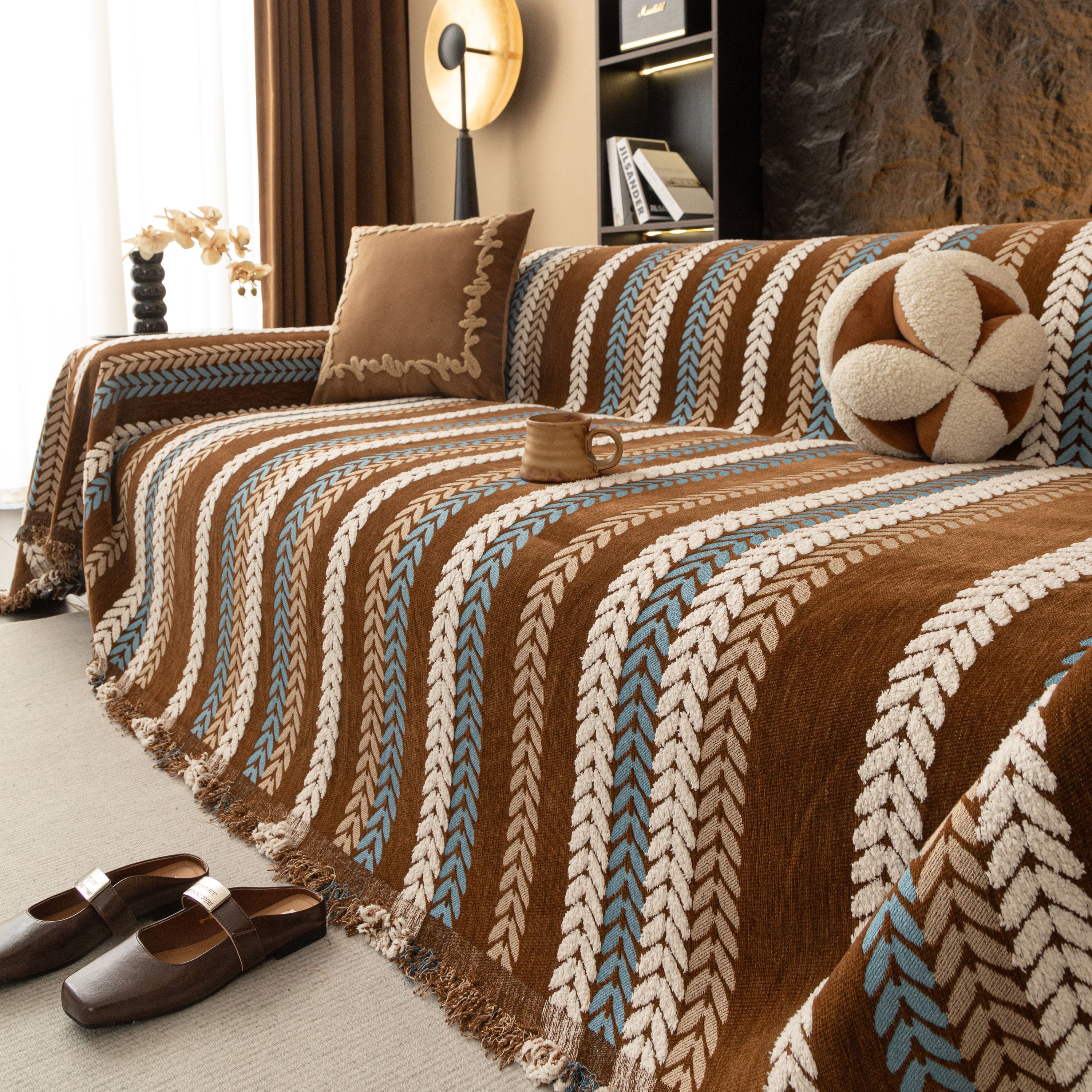 Cozy Decorative Throw Blanket for Couches, Boho Plush Woven Sofa Cover with Stripes
