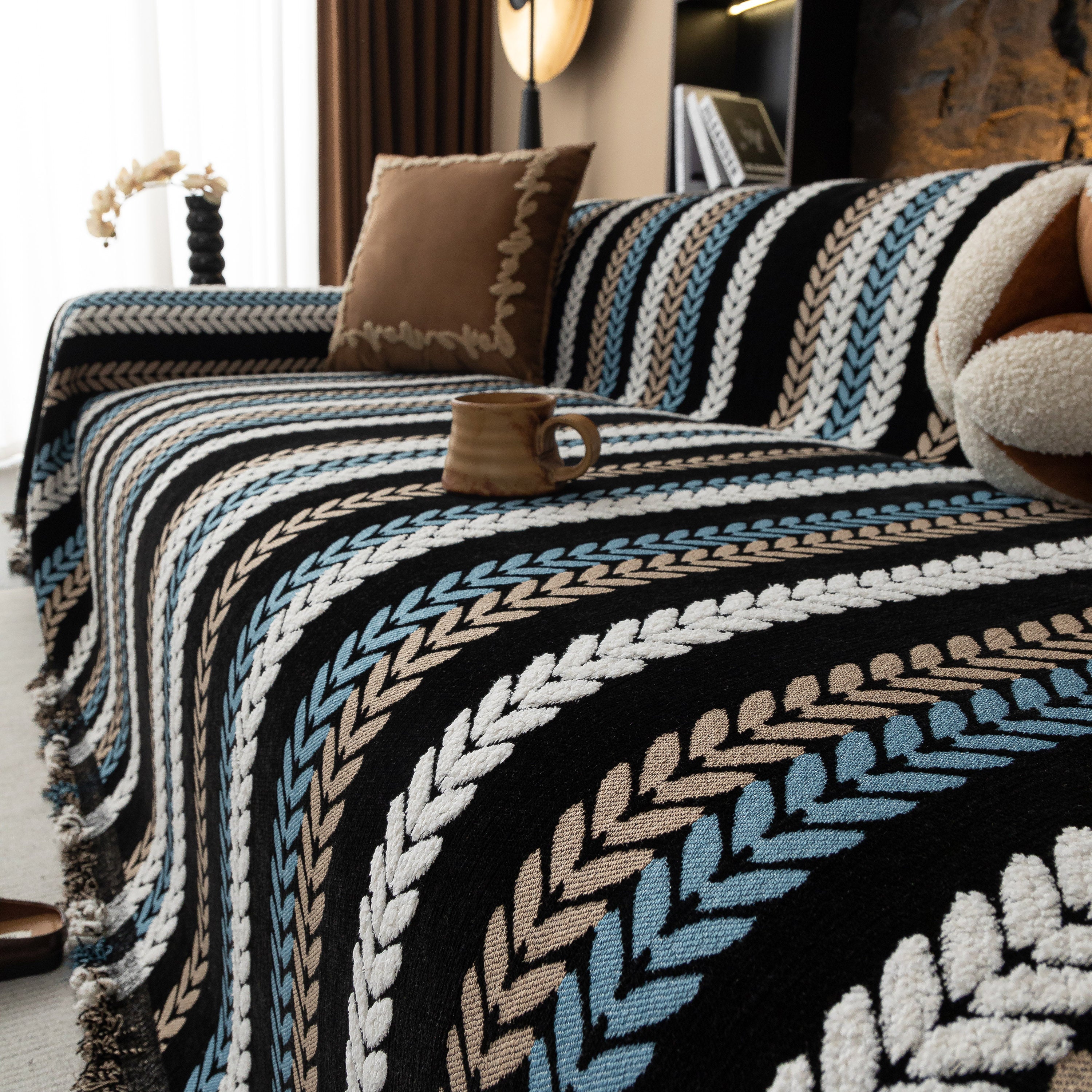 Cozy Decorative Throw Blanket for Couches, Boho Plush Woven Sofa Cover with Stripes