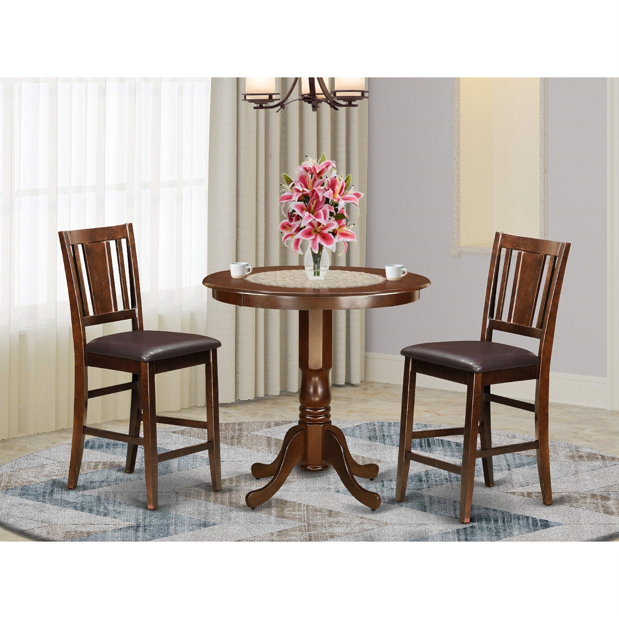 East West Furniture JABU3-MAH-LC 3 Piece Counter Height Dining Table Set Contains a Round Wooden Table with Pedestal and 2 Faux Leather Kitchen Dining Chairs, 36x36 Inch, Mahogany