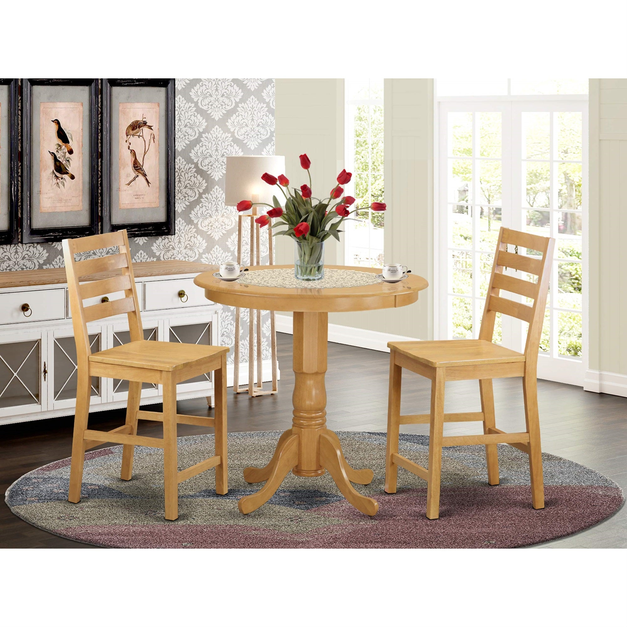 East West Furniture JACF3-OAK-W 3 Piece Counter Height Dining Set for Small Spaces Contains a Round Wooden Table with Pedestal and 2 Kitchen Chairs, 36x36 Inch, Oak