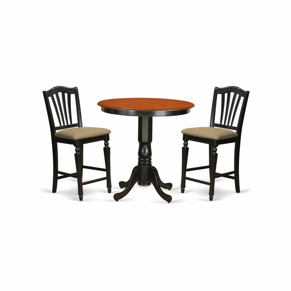 East West Furniture JACH3-BLK-C 3 Piece Counter Height Dining Table Set Contains a Round Wooden Table with Pedestal and 2 Linen Fabric Kitchen Dining Chairs, 36x36 Inch, Black & Cherry