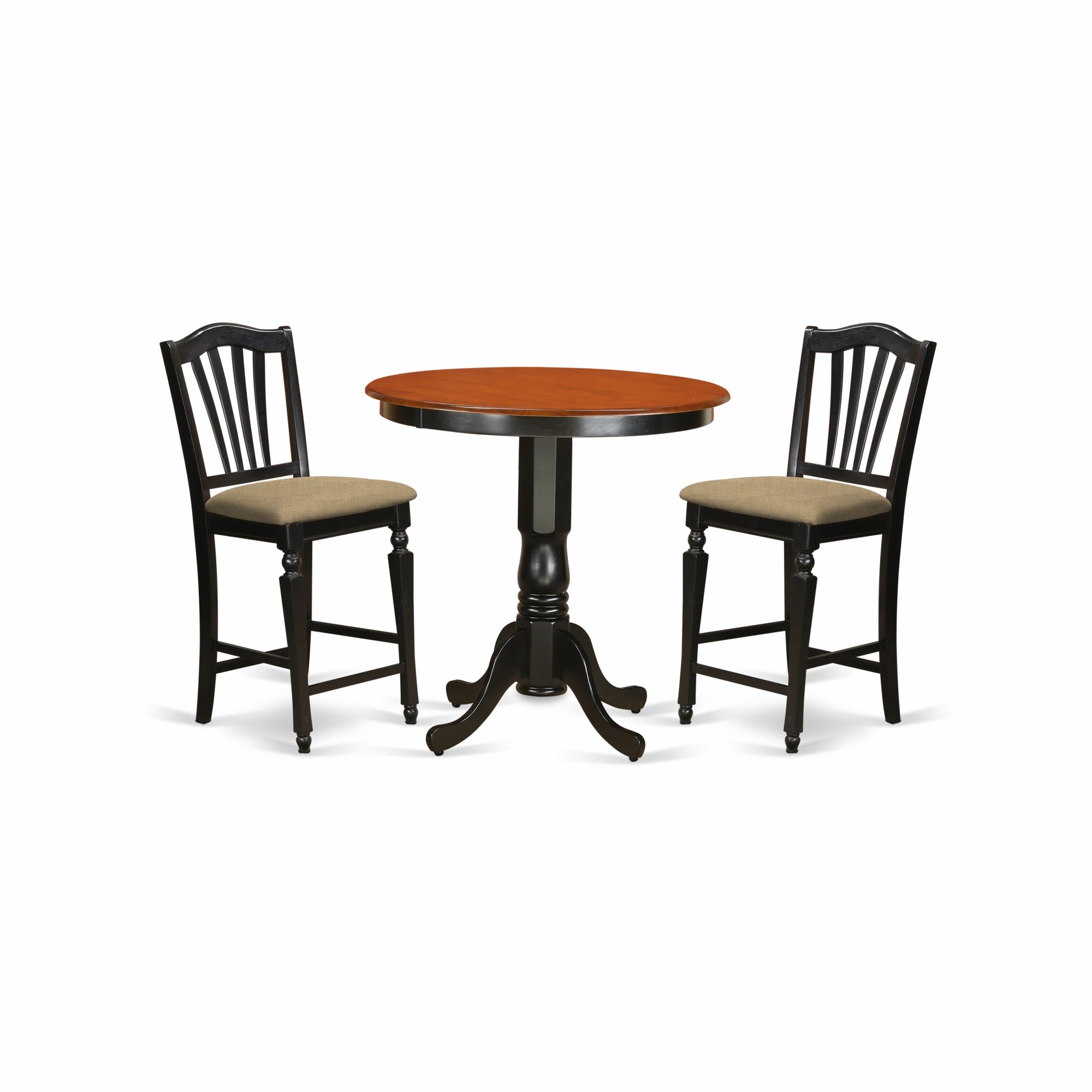 East West Furniture JACH3-BLK-C 3 Piece Counter Height Dining Table Set Contains a Round Wooden Table with Pedestal and 2 Linen Fabric Kitchen Dining Chairs, 36x36 Inch, Black & Cherry