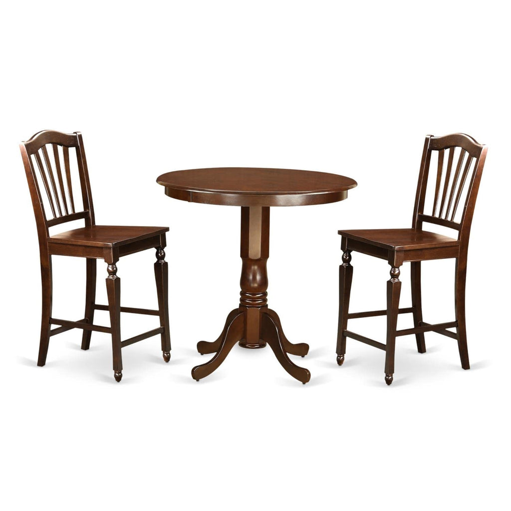 East West Furniture JACH3-MAH-W 3 Piece Counter Height Dining Table Set Contains a Round Wooden Table with Pedestal and 2 Kitchen Dining Chairs, 36x36 Inch, Mahogany