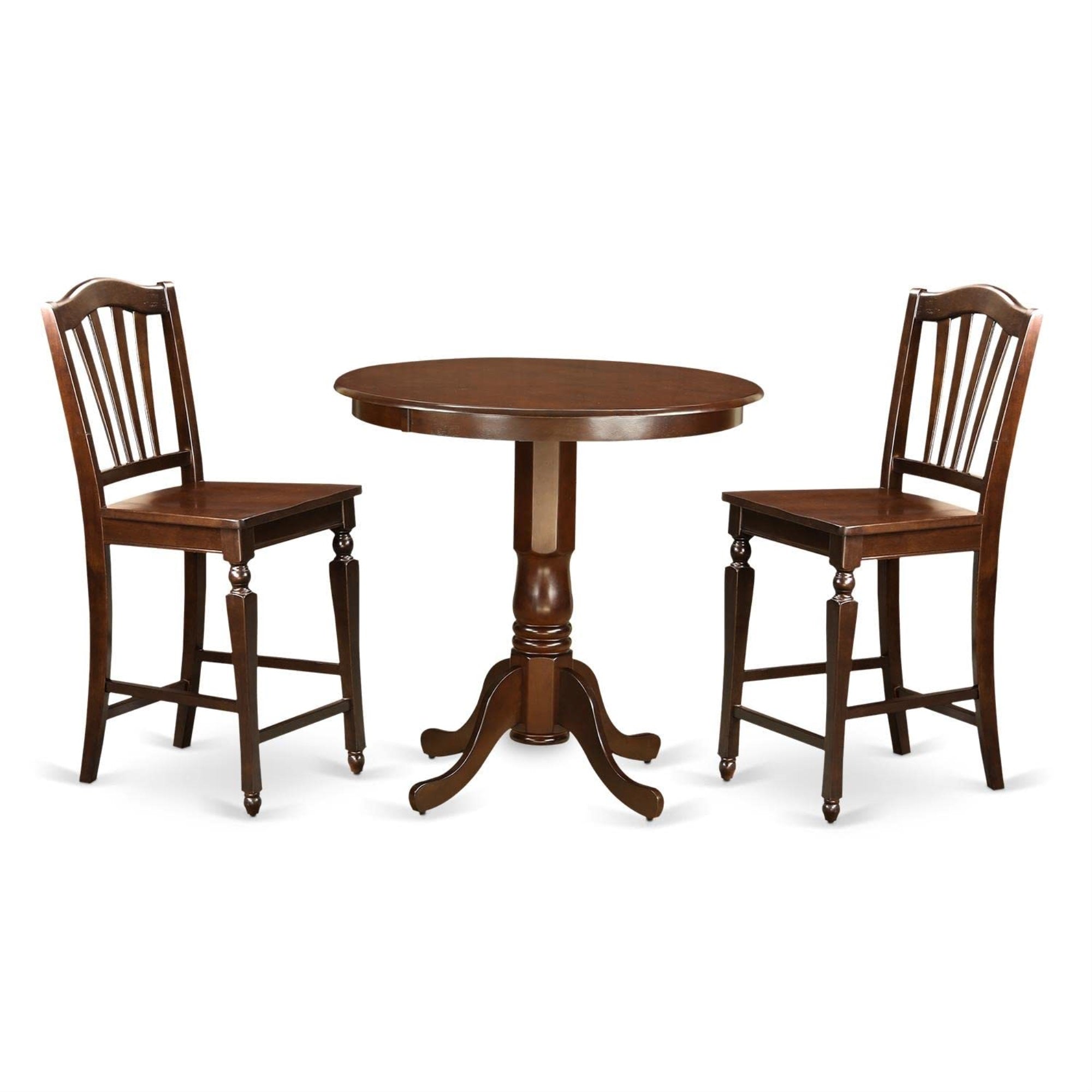 East West Furniture JACH3-MAH-W 3 Piece Counter Height Dining Table Set Contains a Round Wooden Table with Pedestal and 2 Kitchen Dining Chairs, 36x36 Inch, Mahogany