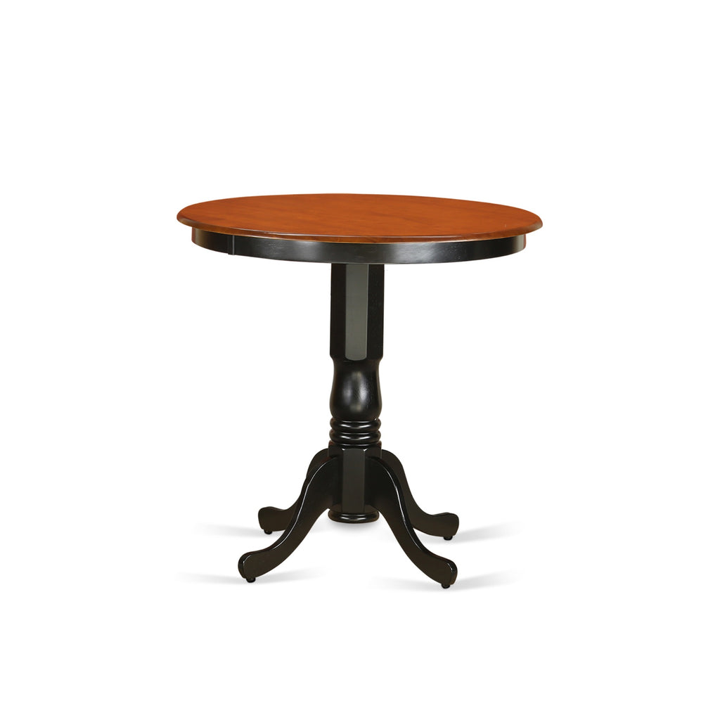 East West Furniture JACH5-BLK-C 5 Piece Kitchen Counter Set Includes a Round Dining Room Table with Pedestal and 4 Linen Fabric Upholstered Dining Chairs, 36x36 Inch, Black & Cherry
