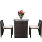 3 Piece Compact Espresso/White Wicker Patio Cushioned Outdoor Chair Table Set