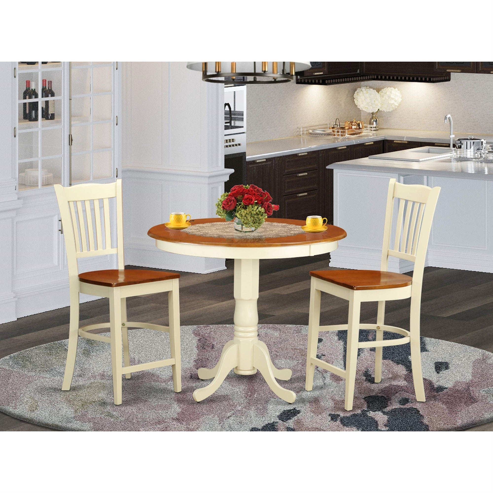 East West Furniture JAGR3-WHI-W 3 Piece Kitchen Counter Height Dining Table Set Contains a Round Pub Table with Pedestal and 2 Dining Room Chairs, 36x36 Inch, Buttermilk & Cherry