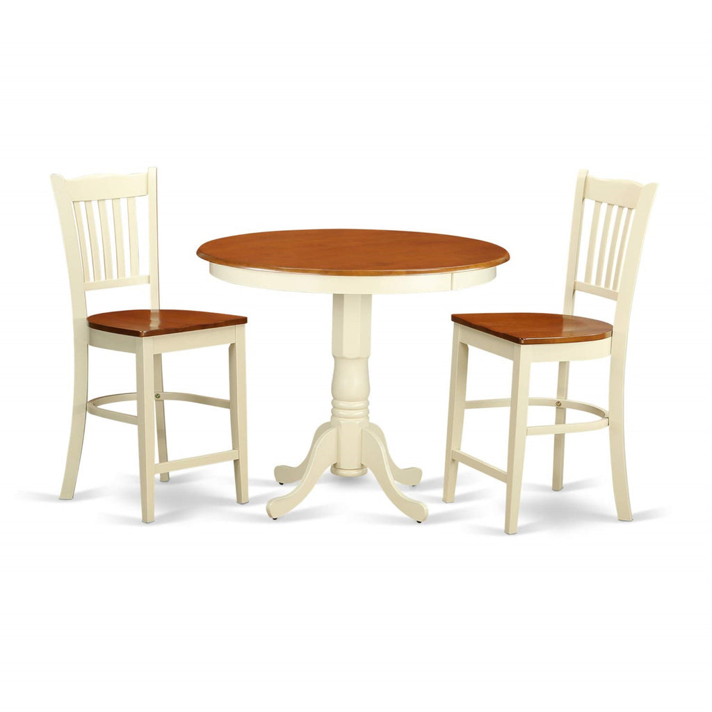 East West Furniture JAGR3-WHI-W 3 Piece Kitchen Counter Height Dining Table Set Contains a Round Pub Table with Pedestal and 2 Dining Room Chairs, 36x36 Inch, Buttermilk & Cherry