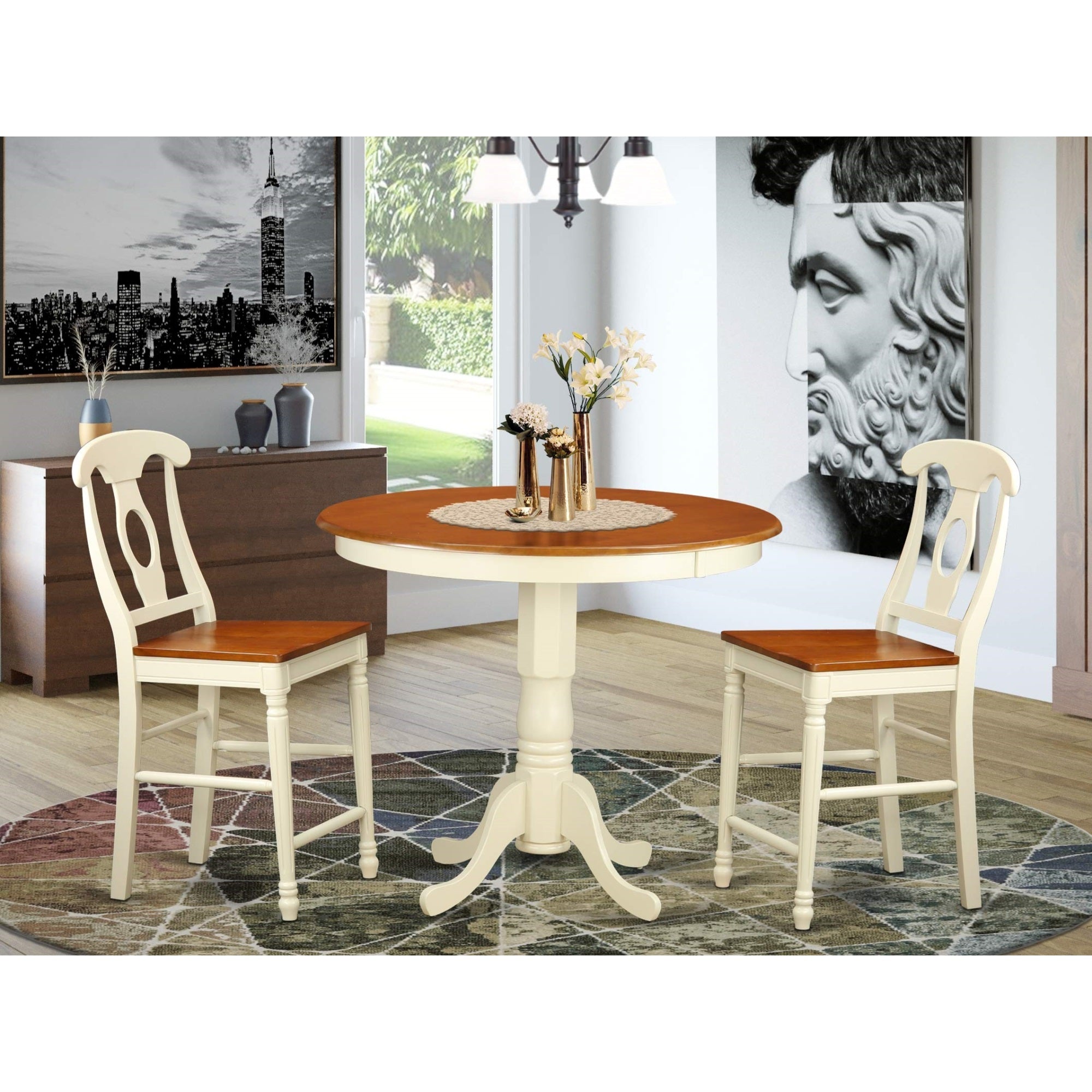 East West Furniture JAKE3-WHI-W 3 Piece Counter Height Dining Set for Small Spaces Contains a Round Wooden Table with Pedestal and 2 Kitchen Chairs, 36x36 Inch, Buttermilk & Cherry