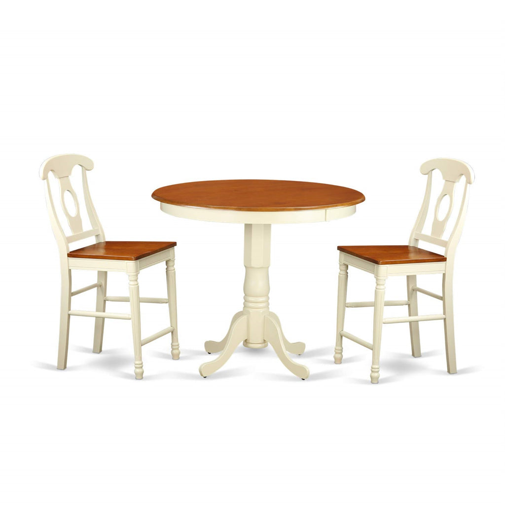 East West Furniture JAKE3-WHI-W 3 Piece Counter Height Dining Set for Small Spaces Contains a Round Wooden Table with Pedestal and 2 Kitchen Chairs, 36x36 Inch, Buttermilk & Cherry