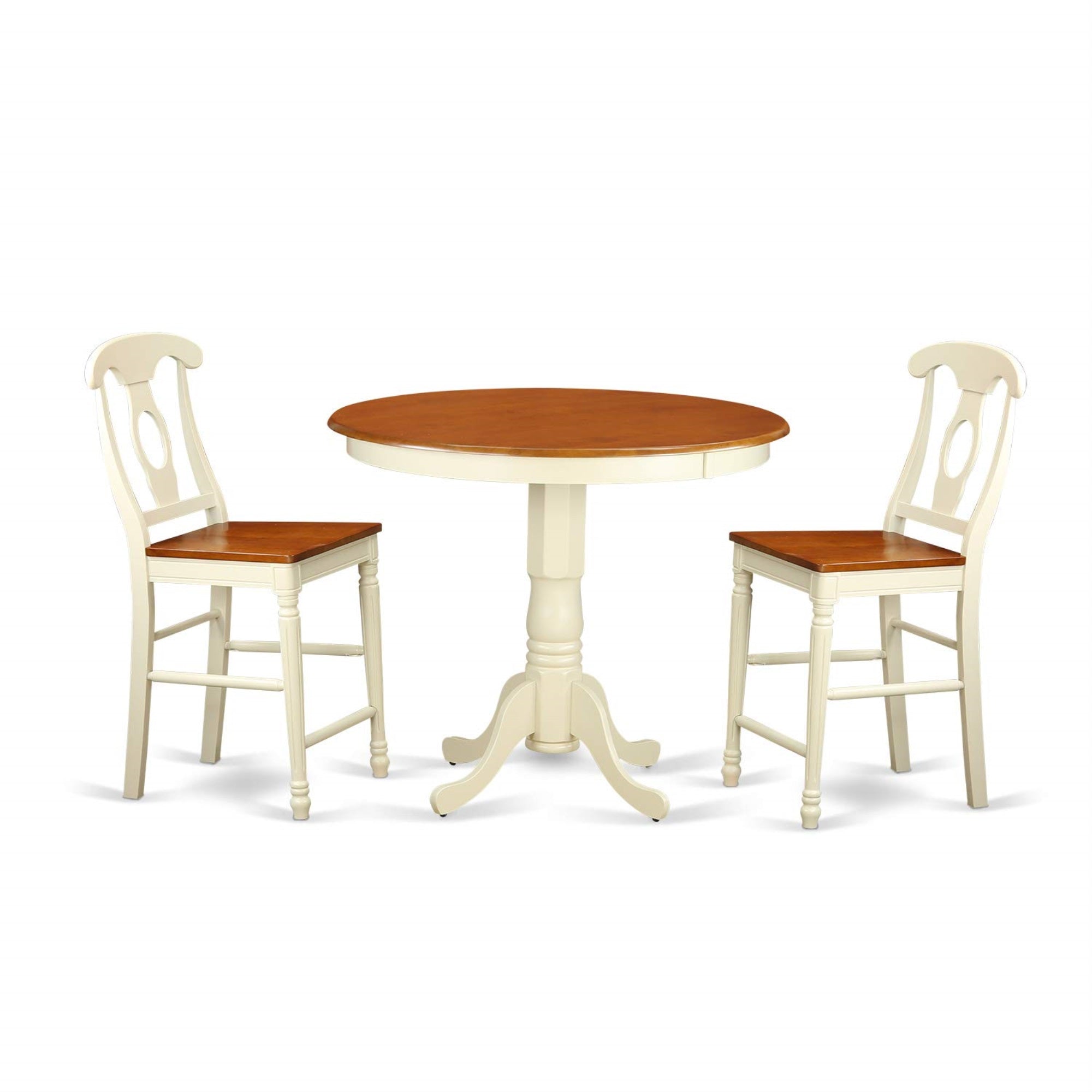 East West Furniture JAKE3-WHI-W 3 Piece Counter Height Dining Set for Small Spaces Contains a Round Wooden Table with Pedestal and 2 Kitchen Chairs, 36x36 Inch, Buttermilk & Cherry