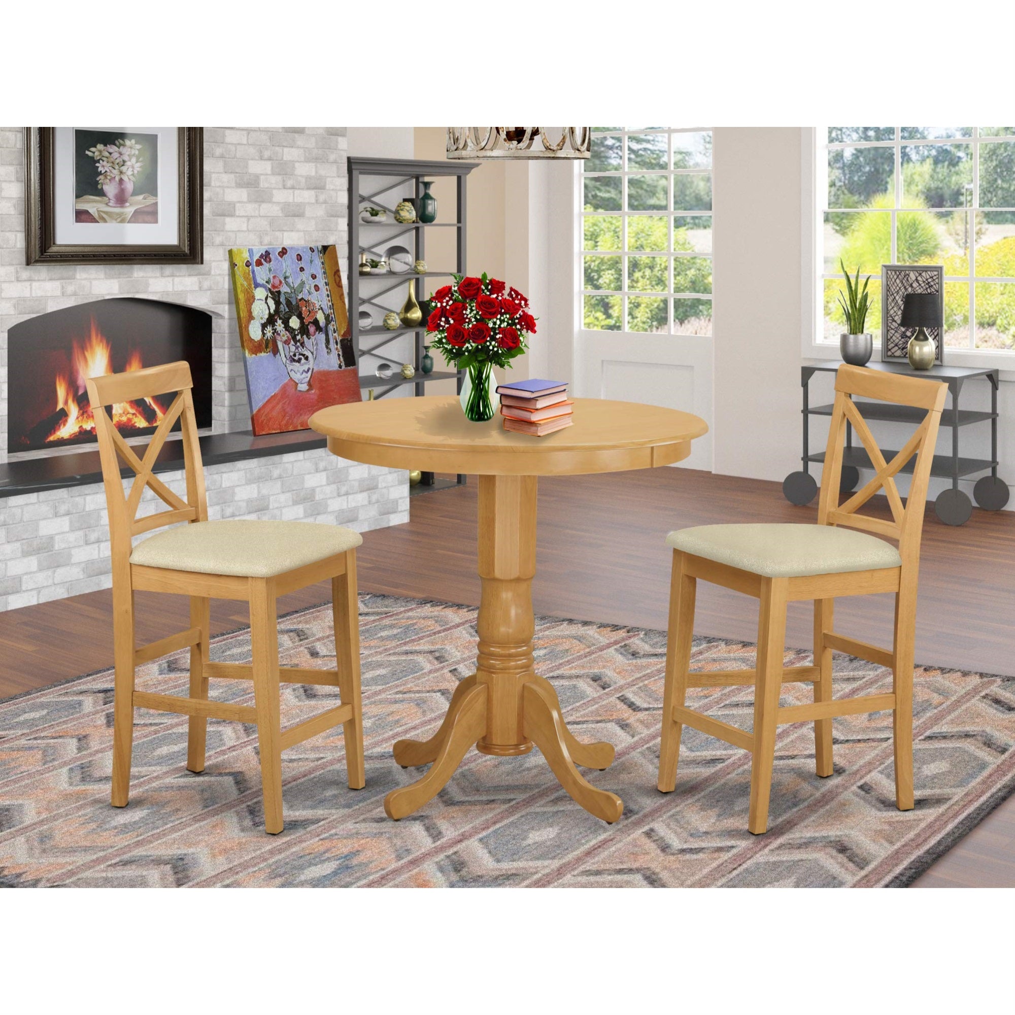 East West Furniture JAPB3-OAK-C 3 Piece Counter Height Pub Set Contains a Round Dining Room Table with Pedestal and 2 Linen Fabric Upholstered Chairs, 36x36 Inch, Oak