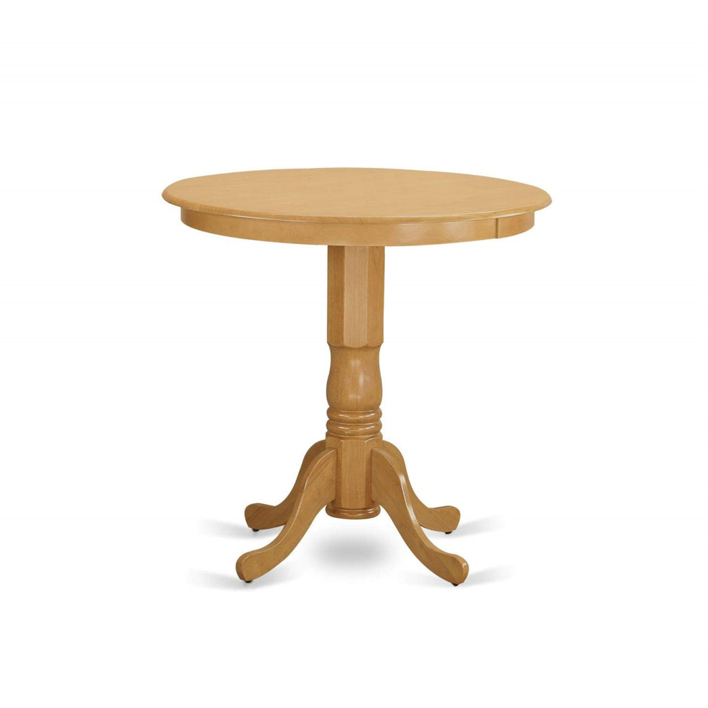 East West Furniture JAPB3-OAK-C 3 Piece Counter Height Pub Set Contains a Round Dining Room Table with Pedestal and 2 Linen Fabric Upholstered Chairs, 36x36 Inch, Oak