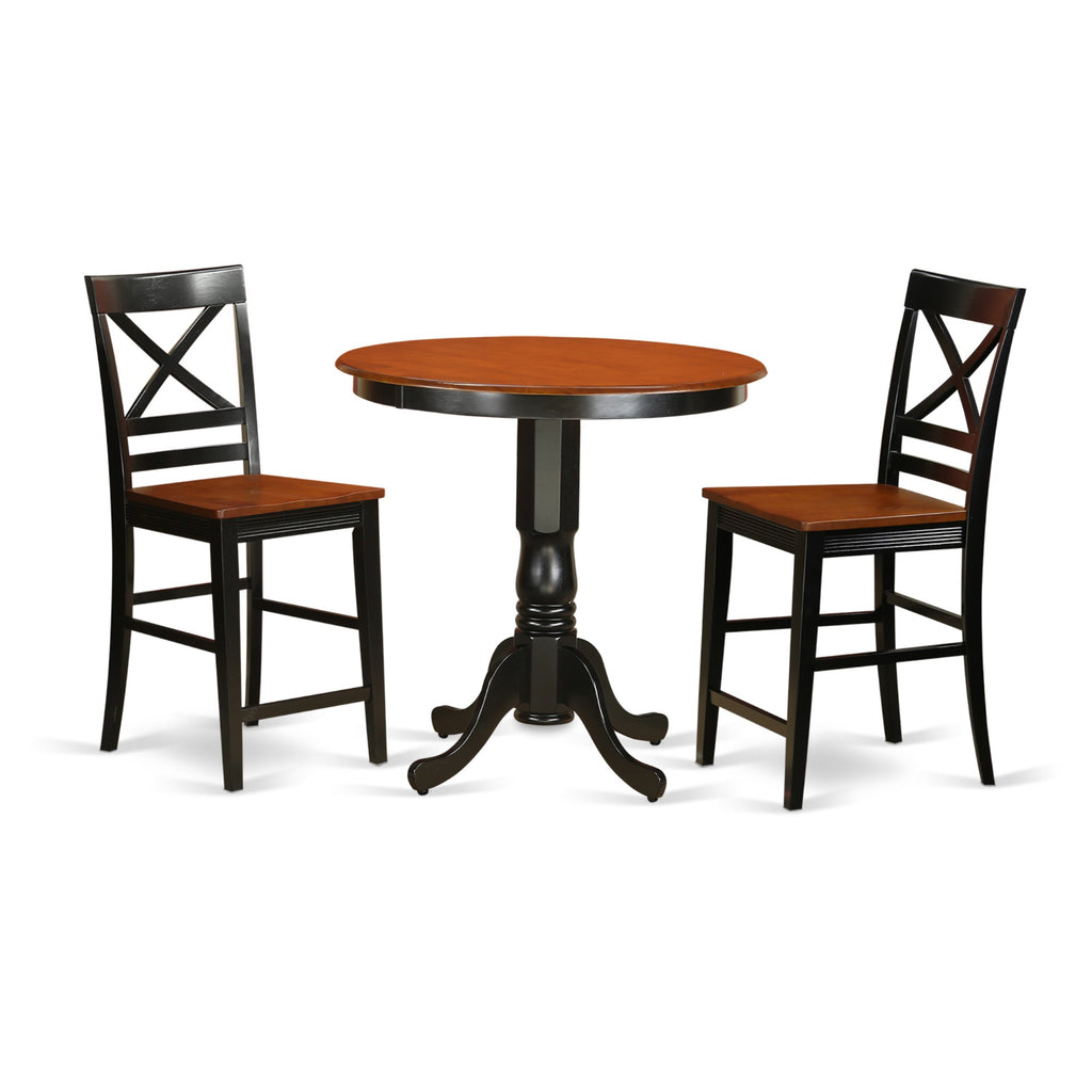 East West Furniture JAQU3-BLK-W 3 Piece Kitchen Counter Height Dining Table Set Contains a Round Wooden Table with Pedestal and 2 Dining Chairs, 36x36 Inch, Black & Cherry