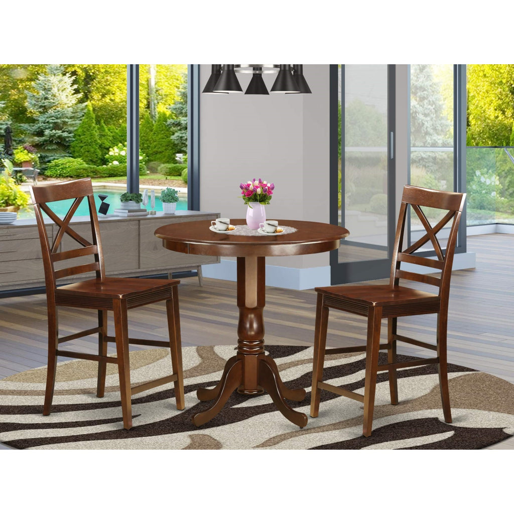 East West Furniture JAQU3-MAH-W 3 Piece Counter Height Pub Set for Small Spaces Contains a Round Dining Room Table with Pedestal and 2 Kitchen Chairs, 36x36 Inch, Mahogany