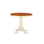East West Furniture JAVN3-WHI-C 3 Piece Counter Height Pub Set for Small Spaces Contains a Round Wooden Table with Pedestal and 2 Linen Fabric Upholstered Chairs, 36x36 Inch, Buttermilk & Cherry