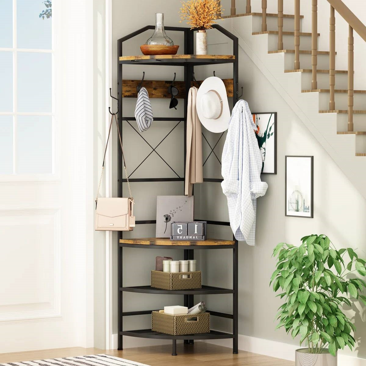 Industrial Metal/Wood Corner Hall Tree Shoe Storage Bench Coat Rack