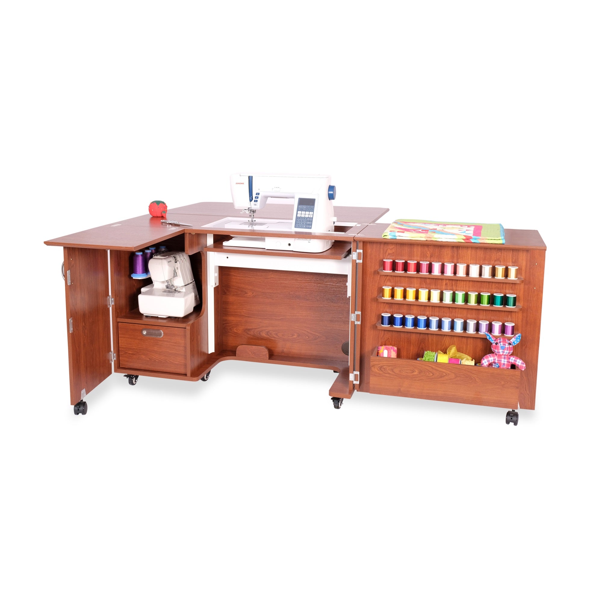 Arrow K8405 Wallaby Kangaroo Sewing, Cutting, Quilting, Crafting Cabinet And Table, Includes Storage And Airlift, Portable With Wheels, Teak Finish