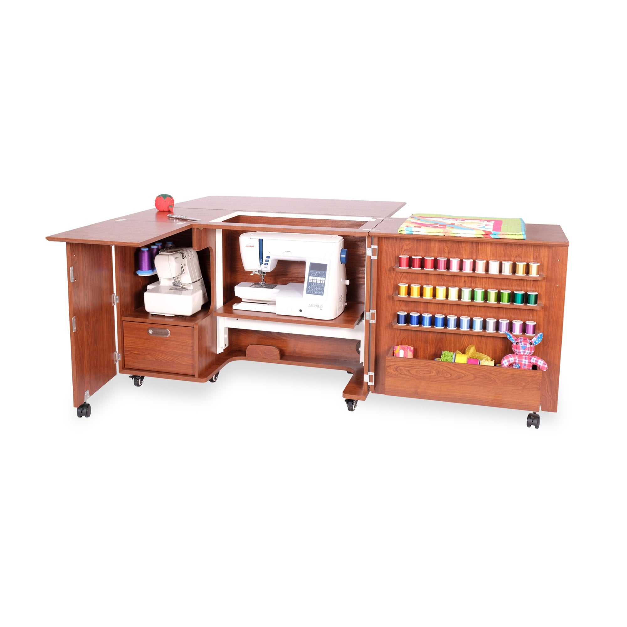 Arrow K8405 Wallaby Kangaroo Sewing, Cutting, Quilting, Crafting Cabinet And Table, Includes Storage And Airlift, Portable With Wheels, Teak Finish