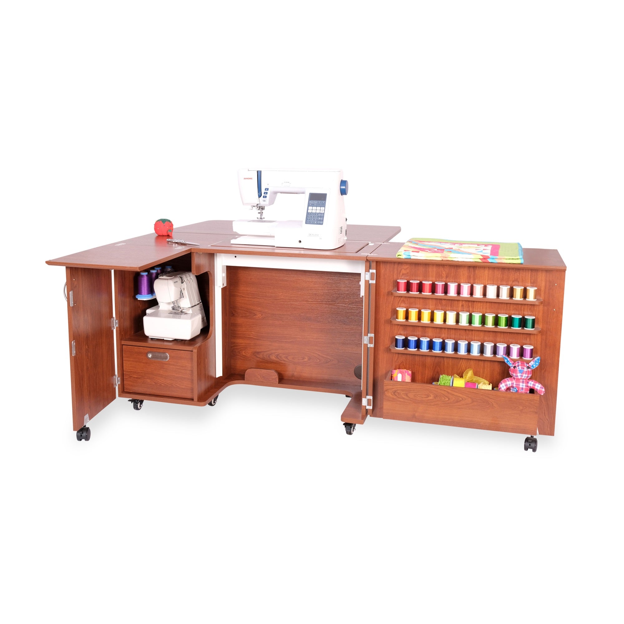 Arrow K8405 Wallaby Kangaroo Sewing, Cutting, Quilting, Crafting Cabinet And Table, Includes Storage And Airlift, Portable With Wheels, Teak Finish