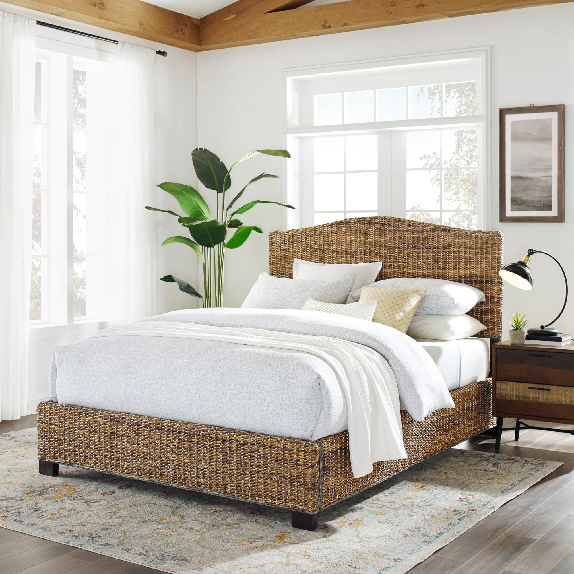 Crosley Furniture Serena Platform Bed, Handwoven Natural Fiber Rattan Headboard And Footboard Set, Banana Leaf, King