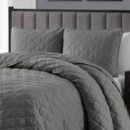 King/CAL King 3-Piece Dark Grey Polyester Microfiber Diamond Quilted Quilt Set