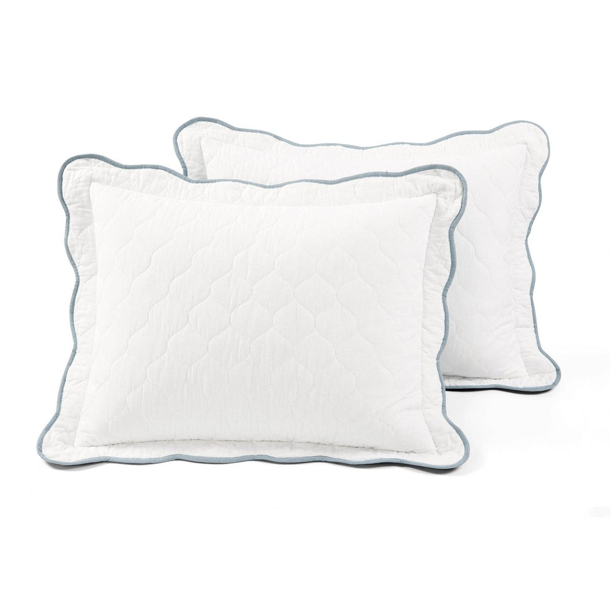 King/Cal King White Blue Scalloped Edge Reversible Thin Light Quilt Set