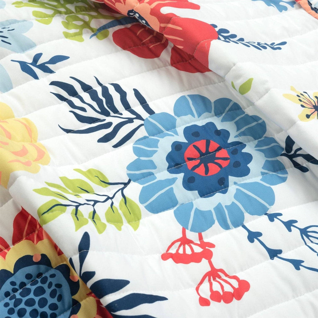 King size Lightweight Floral Navy Blue Coral White 3-Piece Polyester Quilt Set