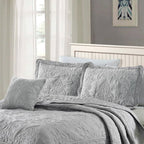 King size Ash Grey Damask Embroidered 4 Piece Oversized Bedspread Set
