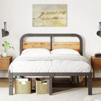 King Heavy Duty Black Metal Bed Frame with Solid Wood Panel Headboard