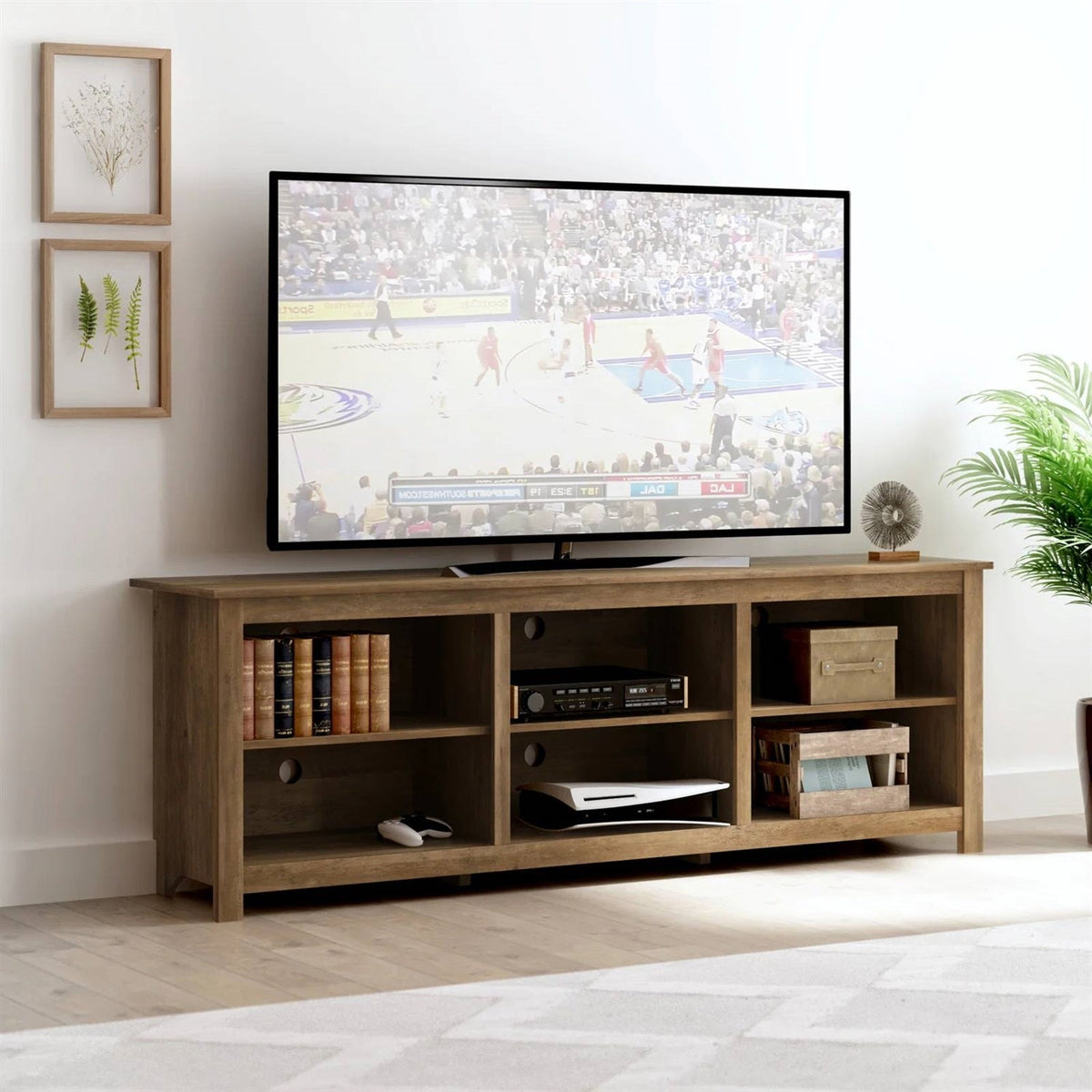Farmhouse Style TV Stand with 6 Storage Compartments in Brown Oak Wood Finish