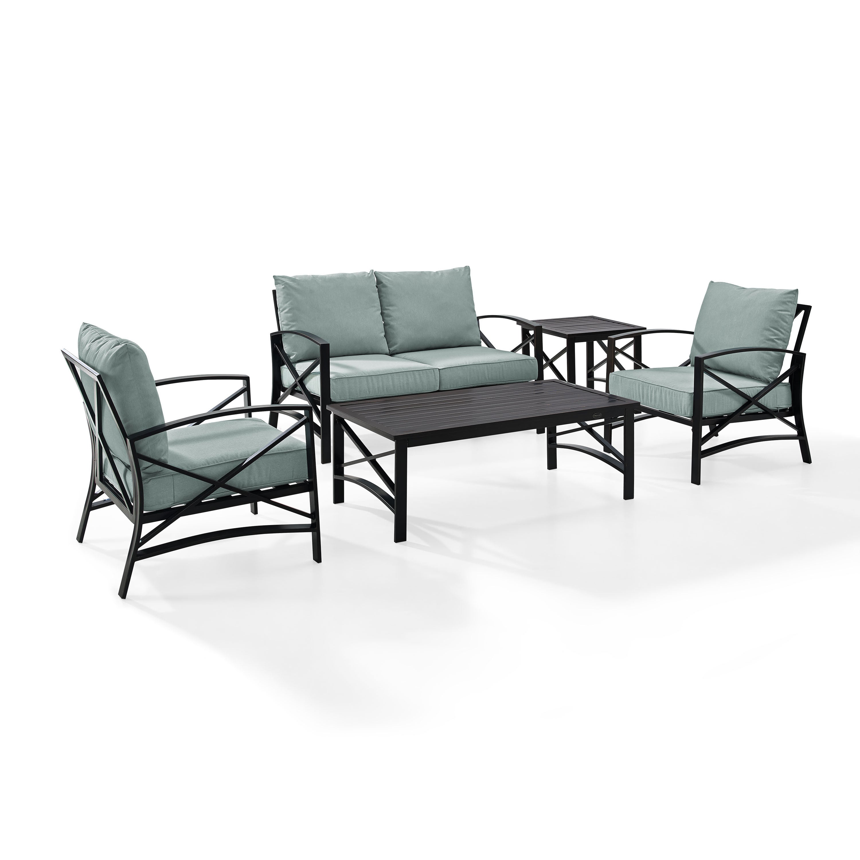 Kaplan 5 Pc Outdoor Seating Set With Mist Cushion - Loveseat, Two Chairs, Coffee Table, Side Table