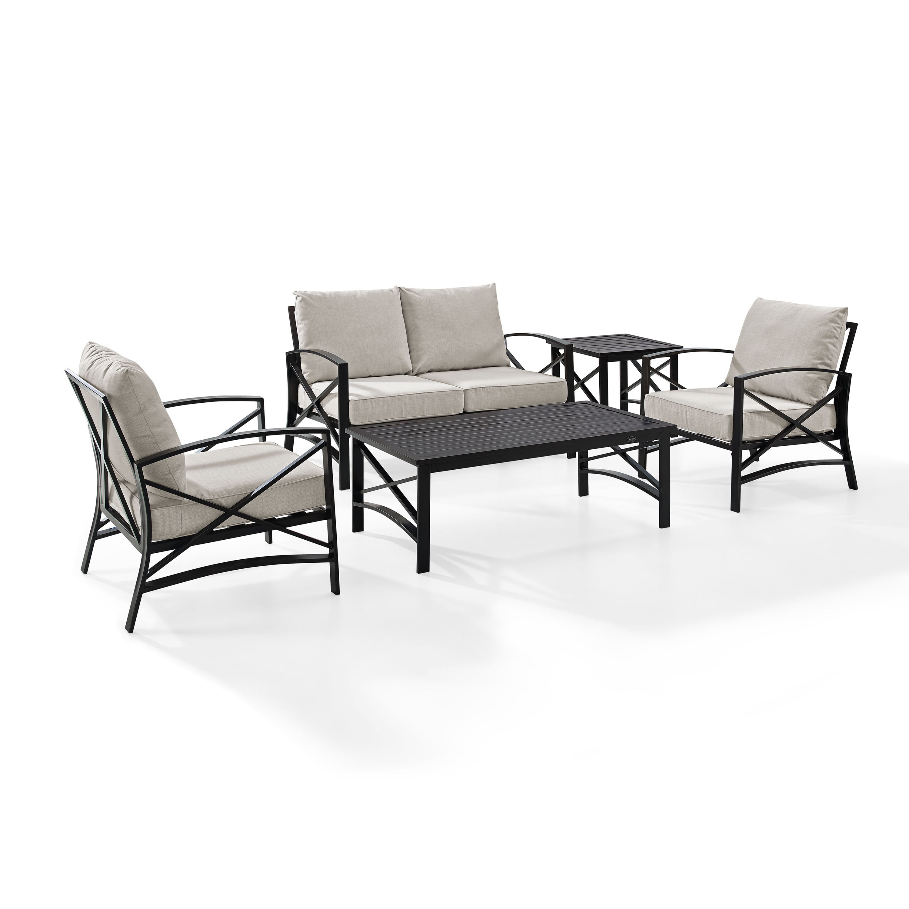 Kaplan 5 Pc Outdoor Seating Set With Oatmeal Cushion - Loveseat, Two Chairs, Coffee Table, Side Table