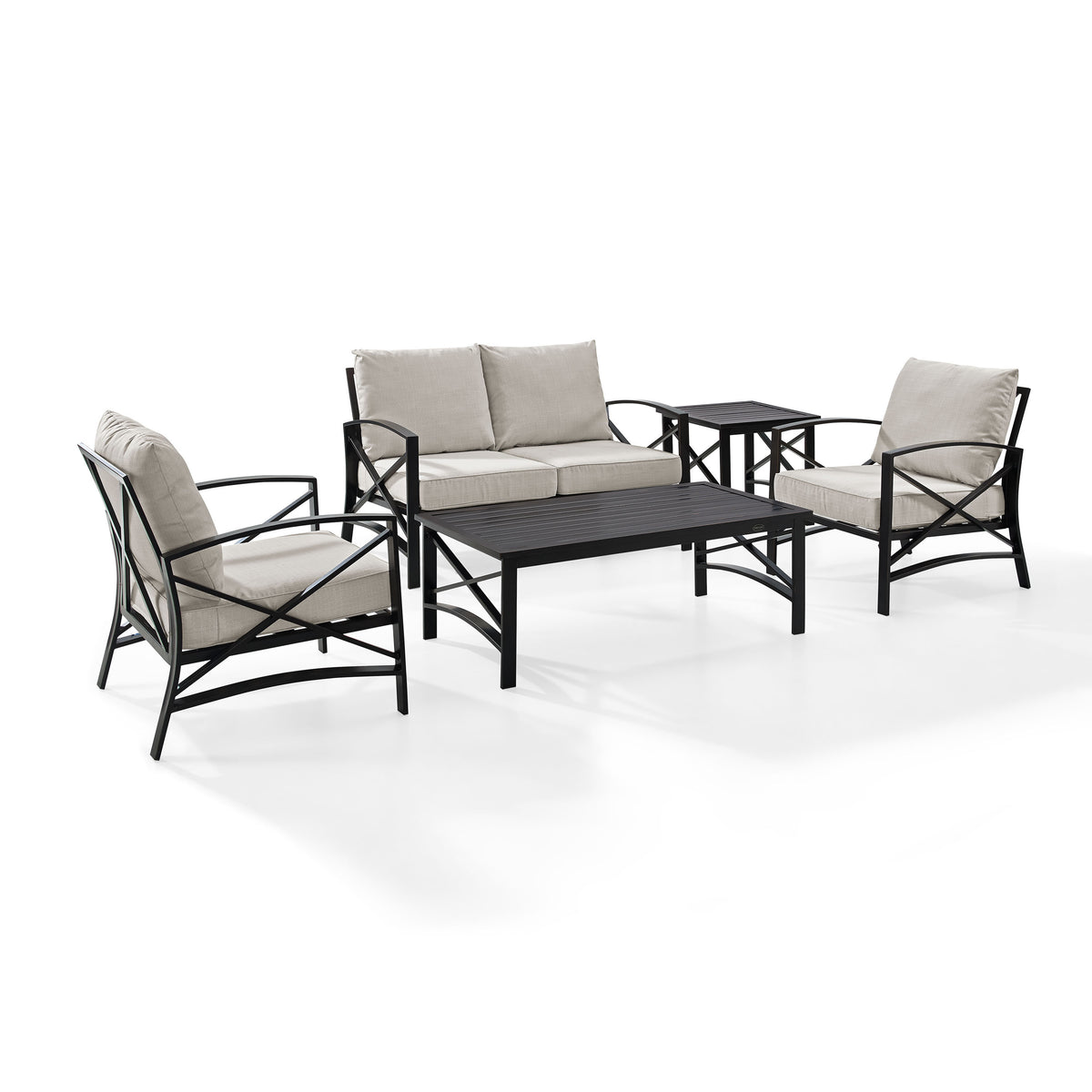 Kaplan 5 Pc Outdoor Seating Set With Oatmeal Cushion - Loveseat, Two Chairs, Coffee Table, Side Table