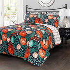 King size Boho Floral Red Poppy Navy Teal Lightweight 3 Piece Cotton Quilt Set