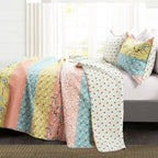 King size Blue Yellow Pink Ivory Boho Floral Reversible Lightweight Quilt Set