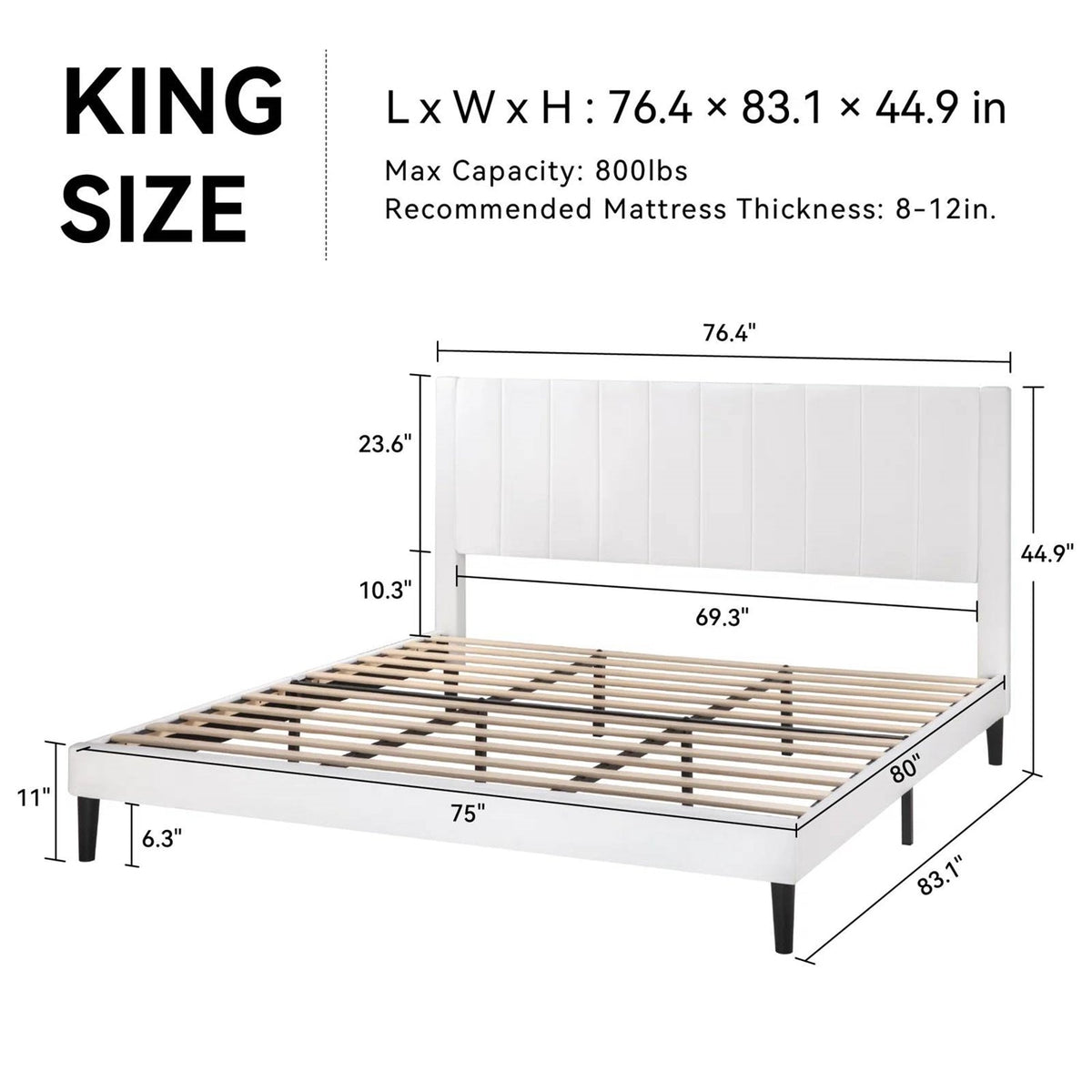 King size White Velvet Upholstered Platform Bed Frame with Headboard